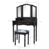 Black Tri Folding Mirrored Vanity Makeup Table Stool Set Bedroom