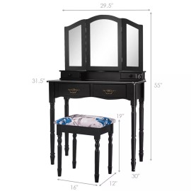 Black Tri Folding Mirrored Vanity Makeup Table Stool Set Bedroom W/4 Drawers