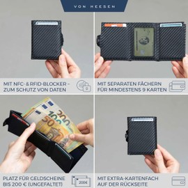 VON HEESEN Slim Wallet with RFID Protection - Men’s and Women’s Mini Wallet - Credit Card Holder, Money clip, card case - Small Wallet, Black carbon