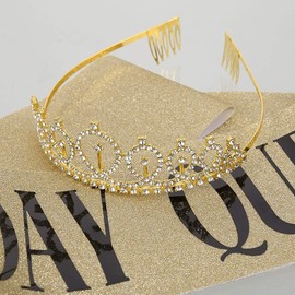 Coyanyu Birthday Crown Sash, Gold Crystal Birthday Crown Tiara Crown Women Princess Hair Accessories Girls Birthday Tiara for Women Party Accessories with Pearl Brooch