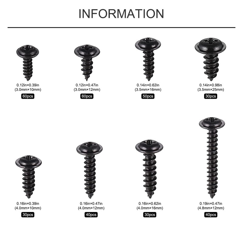 Carbon Steel Screws Self Tapping Screws Assortment 340 Pieces Self