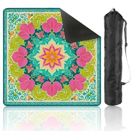 Mahjong Mat with Carrying Bag 31.5" x 31.5" Non-Slip Noise Reduction Floral Mandala Vibrant Pink Green Petals Teal Table Mat for Mahjong Poker Dominoes Card Board Tile Games