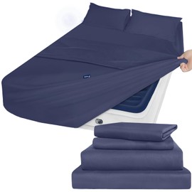 Air Mattress Queen Sheet Set - Deep Pocket 4 Piece Queen Size Sheet Set - Breathable & Fade Resistant Easy Fits 16in to 24in Pillow Top Bed Mattress - Navy Blue