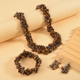 Shop LC Tigers Eye Gemstone Chips Necklace, Earrings & Bracelet Set - Cluster Stainless Steel Jewelry for Women - Boho Beach Healing Crystal Jewelry - Necklace Length 18" - Stretchable Bracelet