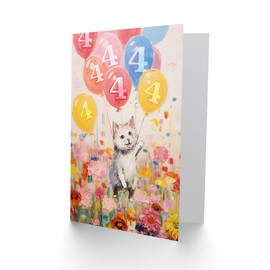 Artery8 4th Birthday Greeting Card Flowers Kitty Cat Balloons Kids Age 4 Year Old Child
