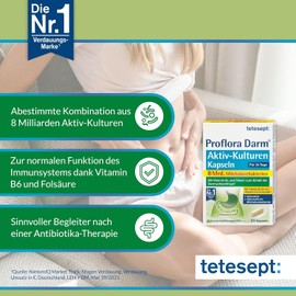 tetesept Proflora Darm Aktiv-Kulturen Kapseln - Nahrungsergänzungsmittel mit 8 Mrd. Milchsäurebakterien, Vitaminen und Inulin - 4 x 24 Kapseln
