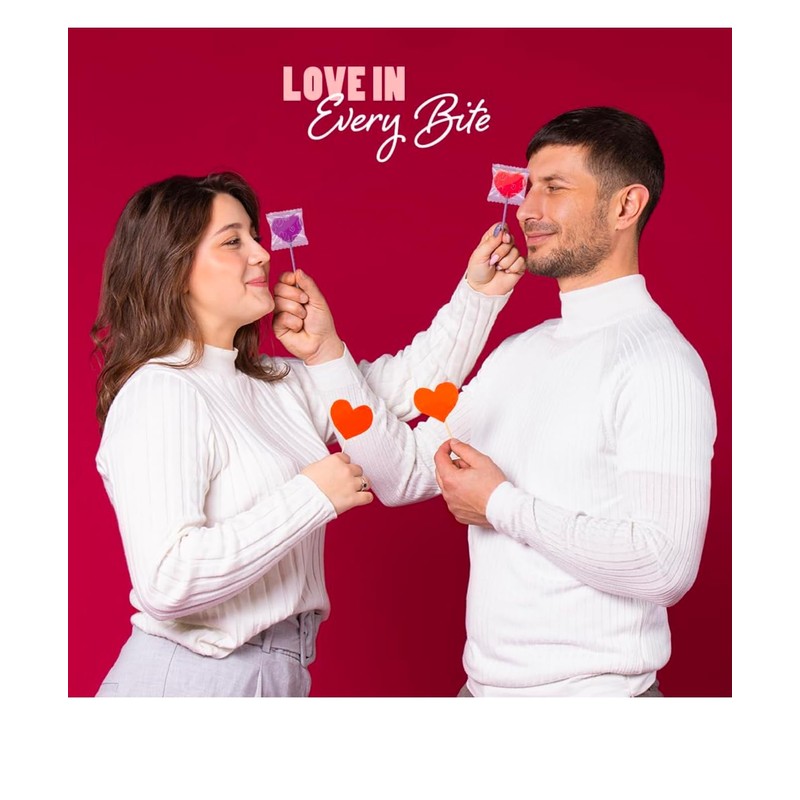 Valentine Heart Shaped Lollipops, Strawberry & Cream Flavor, Red &
