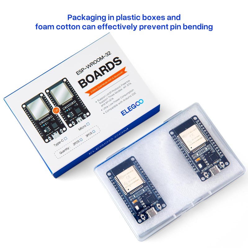 ELEGOO ESP32 2pcs ESP-WROOM-32 Development Board, USB Tyce-C, 2.4GHz Dual