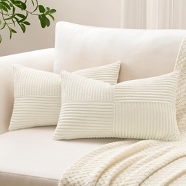 Sungeek Set of 2 Decorative Cushion Covers 30 x 50cm Soft Corduroy Striped Cross Patchwork Textured Pillow Covers Solid Lumbar Throw Pillow Cases for Sofa Bed Patio 12x20 Inch, Cream White
