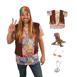 Hippie Costume Wig Set - Wig and Bandana - Necklace - Vest - Shirt - Glasses - Woodstock 1960s Gear