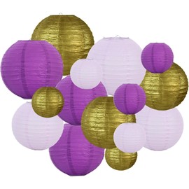 BEISHIDA 16 Pcs Purple Gold Paper Lanterns,Hanging Decorative Chinese Japanese Round Paper Lantern Lamp for Graduation Bachelorette Birthday Party Decoration