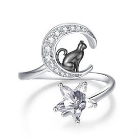TANGPOET Adjustable Moon Star Ring for Women 925 Silver Finger Thumb Rings Jewellery Gifts for Birthday Christmas, Silver, Zircon gemstone.