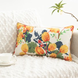 VOGOL Yellow Flower Printing Lumbar Pillow Covers, Satin Piped Edge 12x20 Inches Pillowcase, Farmhouse Faux Linen Decorative Throw Cushion Case for Home Room Bed Sofa Car, 1 Piece