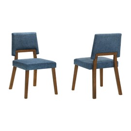 Armen Living Channell Wood Dining Chair in Walnut Finish with Blue Fabric - Set of 2