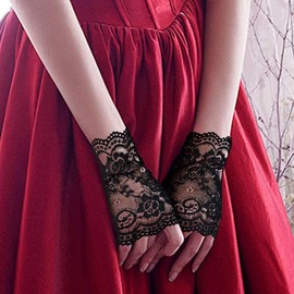 MINGZE Lace Gloves, Women's Floral Pattern Lace Fingerless Gloves, Half Finger Bridal Gloves UV Protection Fingerless Gloves Sunproof Gloves (Black, Fingerless)