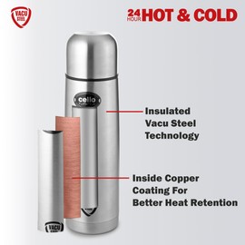 Cello Flipstyle Stainless Steel Vacuum Insulated Flask with Flip Lid | Leak Proof | Double Walled Silver Bottle for Home, Office, Travel (34oz, Silver)