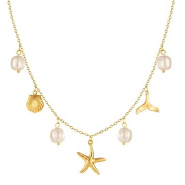 Hebterrka Charm Necklace for Women, Pearl Starfish Shell 14k Gold, Summer Beach Surfer Jewellery Necklace Gifts, gold