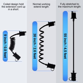 Prutomr 4 Way Flat Trailer Light Wiring Extension 4.5Ft 55 In, Stretchable Coiled Cable Hitch Plug With Sealed Cap, Hefty Outer Sheath Cooper Wire Harness, Quick-Connect 4 Pin Trailer Adapter Extender