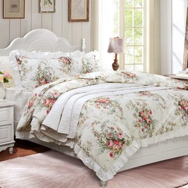 FADFAY Vintage Rose Floral 100% Cotton Soft Duvet Cover Set Reversible,Twin Size 3-Pieces
