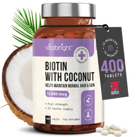 VitaBright Biotin Hair Growth Vitamins 12000mcg, 400 D-Biotin Tablets with Coconut, Vegan Hair Skin & Nails Vitamins for Women and Men High Strength Fast Hair Vitamins, VitaBright Vitamin B7 Biotin for Hair