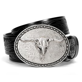SANSTHS Western Belt Cowboy Belts for Men Women, Western Leather Belts Bull Buckle Belt Embossed Leather Belt for Jeans, Black/Long Bull Buckle