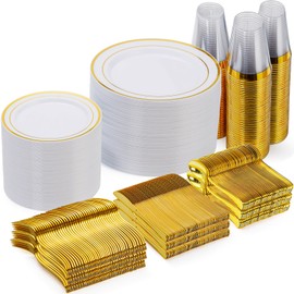 Goodluck 600 Pieces Gold Disposable Plates for 100 Guests, Plastic Plates for Party, Dinnerware Set of 100 Dinner and 100 Dessert Plates, 100 Spoons, 100 Forks, 100 Knives, 100 Cups