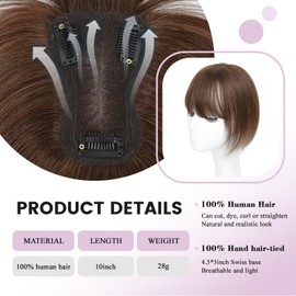 SEA SINGING Human Hair Toppers for Women with Bangs Hand-stitched 360°3D Coverage Natural for Thinning HairPieces for Women with Thinning Hair Swiss Base 10inch(4#)