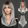 7JHH WIGS Grey Ombre Layered Wig with Curtain Bangs Long