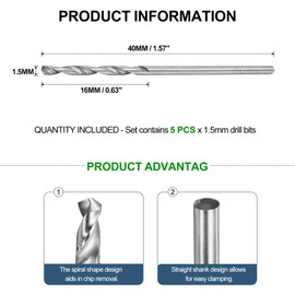 METALLIXITY Drill Bit (1.5mm) 5Pcs, 4241 High-Speed Steel Straight Shank 118° Uncoated Bright Finish Drill Bit for Wood Plastic Iron Copper Aluminum Low Soft Metal