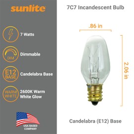 Sunlite 01280 7C7 Incandescent Bulb, 7 Watt, Candelabra E12 Base, C7 Small Night Light, Colored Bulb, Clear, 25 Count