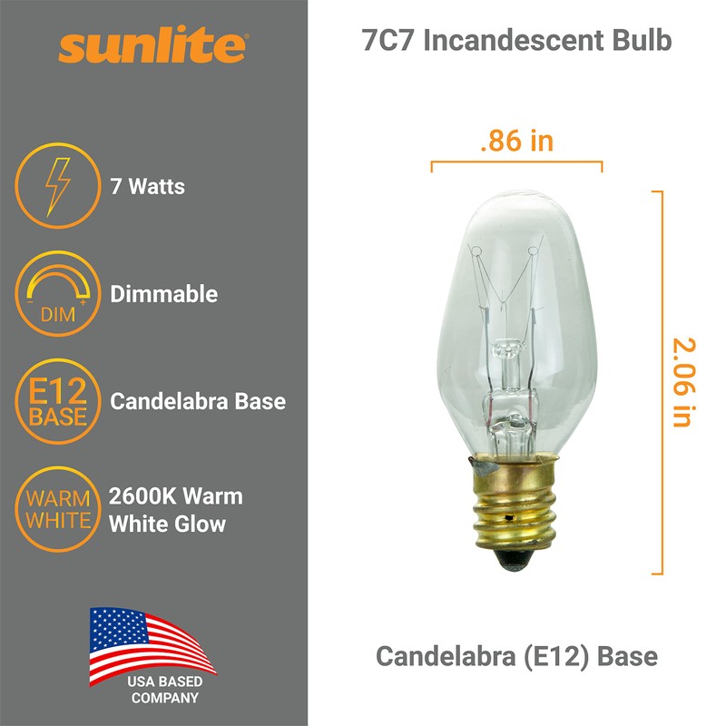 Sunlite 01280 7C7 Incandescent Bulb, 7 Watt, Candelabra E12 Base,