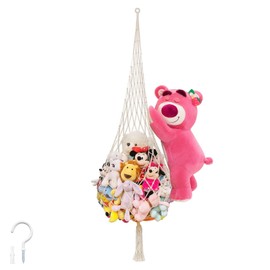 DEANKEJI Cuddly Toy Hammock, Cotton Rope Braided Cuddly Toy Net, Cream White Plush Toy Storage, with Hook and Expansion Tube for Storage of Stuffed Animals, Cushions, Footballs