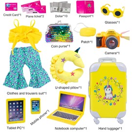 ebuddy Doll Clothes and Accessories 18 Inch Doll Travel Set with Unicorn Printed Luggage Suitcase Fit for 18 inch Girl Doll (No Doll)