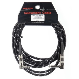 MUSIC STORE Vintage Instrument Cable, 4.5m, PVC Tweed, Angled Jack to Angle Jack, Nickel Plated Contacts, Ideal for Amplifiers & Audio Interfaces, Black/White