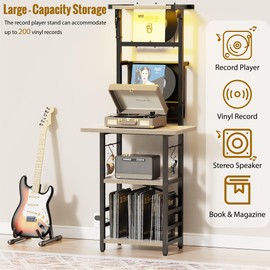 YAKANJ Record Player Stand with Led Light,Record Player Table with Vinyl Storage,Turntable Stand with Record Holder Vinyls Display Shelf for Music Room Studio,Greige