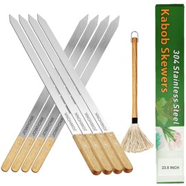 JOWHONK 23.5" Long Kabob Skewers,1 Inch Wide 304 Stainless Steel Barbecue Skewers for Grilling with Wooden Handle,Metal Flat BBQ Skewer for Koubideh Brazilian Shish Kebab Skewer(8),BBQ Mop Brush(1)