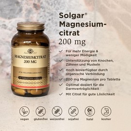 SOLGAR Magnesium Citrate 200 mg | For Energy, Psyche & Muscles | High Bioavailability | 120 Vegan Tablets