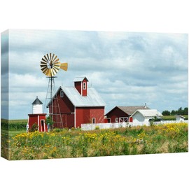 Canvas Prints Wall Art - Beautiful Scenery of Windmill, Barn, Sheds and Fence on a Cloudy Day | Modern Wall Decor/Home Art Stretched Gallery Canvas Wrap Giclee Print & Ready to Hang - 24" x 36"