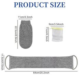 3 PCS Natural Bamboo Fibre,Dual-Sided Loofah Back Scrubber for Shower Body Scrubber with Exfoliating Glove,Bath & Shower Body Brush Scrubber with Handle for Men & Women (Grey)