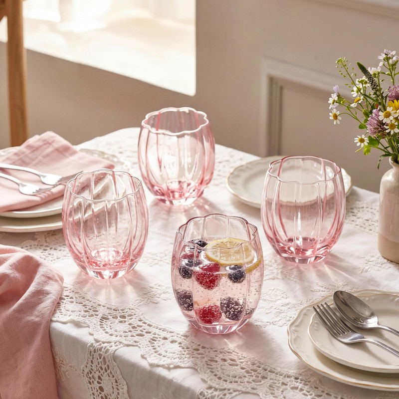 Remerry 6 Pack Pink Stemless Glasses Petal Glass 12oz (350ml)
