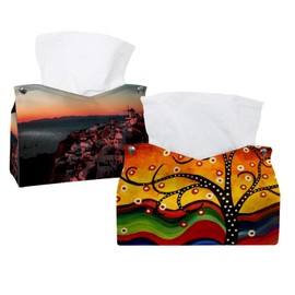 2 Pack Tissue Box Cover Holder, Watercolor Tree Rectangle Leather Tissue Case, Decorative Organizer for Tabletop, Bathroom, Car, Office