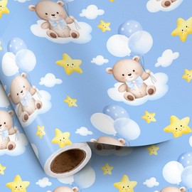 RUSPEPA Baby Shower Bear Birthday Wrapping Paper for Toddler Boy, Mini Roll, Blue Bear with Clouds Balloons Stars Gift Wrap Paper for Birthday Party, Baby Shower, 17 Inches x 16.4 Feet