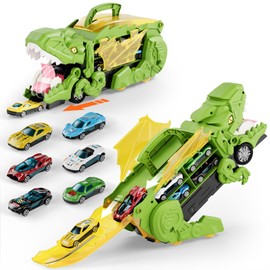 Klsniur Dinosaur Truck Toys for 2 3 4 Year Old Boys, Transport Car with Portable Storage Case with 6 Cars Interactive Play Best Gift for Kids, BPA-Free Plastic Early Learning T-Rex Truck Toys