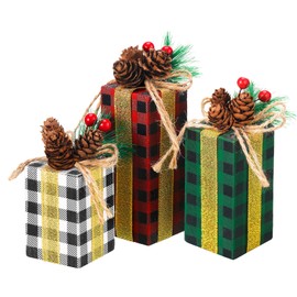 3 Pcs Christmas Table Centerpieces Christmas Table Decor Faux Present Wooden Blocks Rustic Decoration with Buffalo Plaid Bowknot for Holiday Xmas Tree Shelf Tiered Tray Decor (White, Green, Red, Gold)
