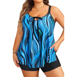 Daci - Traje de baño tankini para mujer, talla grande, 2 piezas, trajes de baño y pantalones cortos con bolsillos, 2025, Patrón ondulado azul, 26 Plus