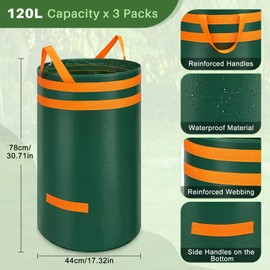 Enbagold 3X 120L Gartenabfallsack Stabil, Laubsack mit Griffen Gartensack Groß, Gartenabfallsäcke Gartensäcke Grünschnittsack, Selbststehend Grünschnittsäcke, Abfallsack für Gras Laub Gartenabfälle