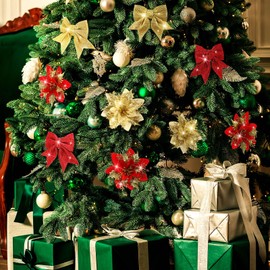 Bencailor 36 Pcs Christmas Poinsettia Artificial Flower Ornament Set Glitter Red and Gold Christmas Sequin Bows Christmas Tree Faux Flower Decorations for Xmas Holiday Decor DIY Craft(Poinsettia)