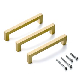 Aibeli 20 Pack Gold Cabinet Pulls 5 Inch Hole Centers Brushed Gold Kitchen Cabinet Door Handles Square Drawer Pulls Dresser Handles Stainless Steel Kitchen Hardware for Cabinets