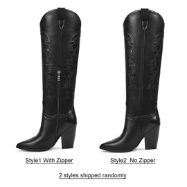 ISNOM Black Cowboy Boots for Women Cowgirl Western Boots Womens Knee High Cowboy Boot Tall Wide Calf Cowboy Boot