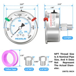 MEANLIN MEASURE 0~3000Psi Stainless Steel Liquid Filled Pressure Gauge 2.5" FACE DIAL 1/4" NPT for WOG Water Oil Air Back Mount with Stainless Steel Hex Bushing and Snaps